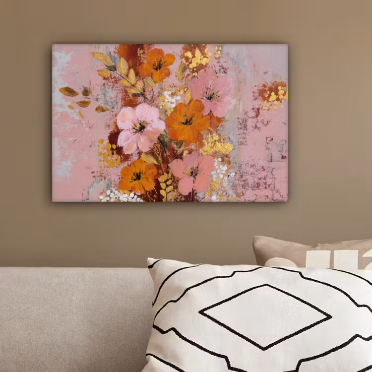 Schilderij - Bloemen - Rustiek - Roze canvas 2cm klein -sfeer3