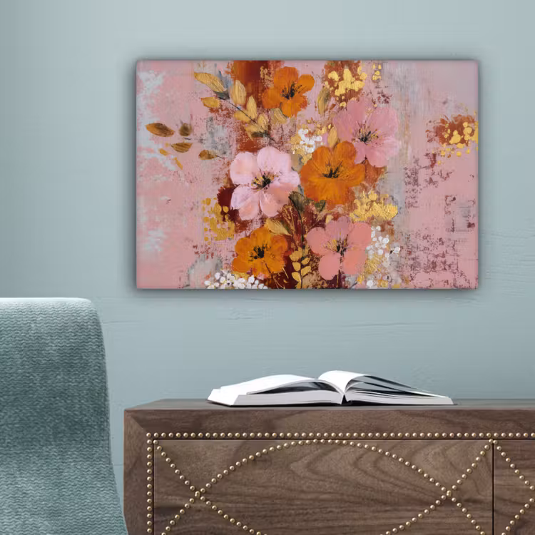 Schilderij - Bloemen - Rustiek - Roze canvas 2cm klein -sfeer4