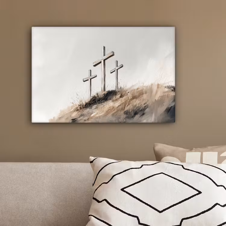 Schilderij - Heuvel - Christendom - Kruis canvas 2cm klein -sfeer3