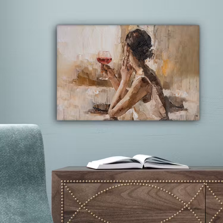 Schilderij - Olieverf - Vrouw - Wijn canvas 2cm klein -sfeer4