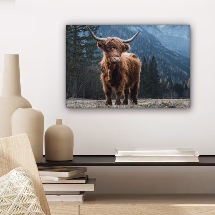 Schotse hooglander - Berg - Landschap - Bomen - Koe - Natuur canvas 2cm klein -sfeer6
