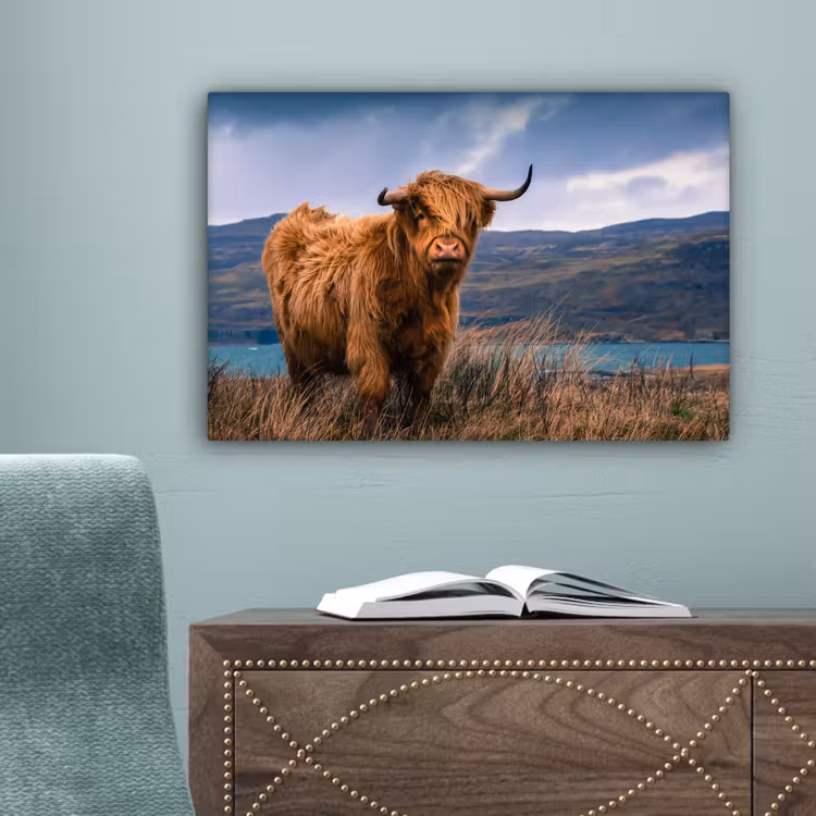 Schotse Hooglander - Berg - Water - Natuur - Koe canvas 2cm klein -sfeer4
