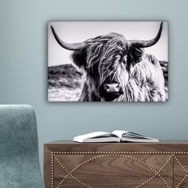 Schotse hooglander - Close up - Horens - Vacht - Zwart Wit canvas 2cm klein -sfeer4