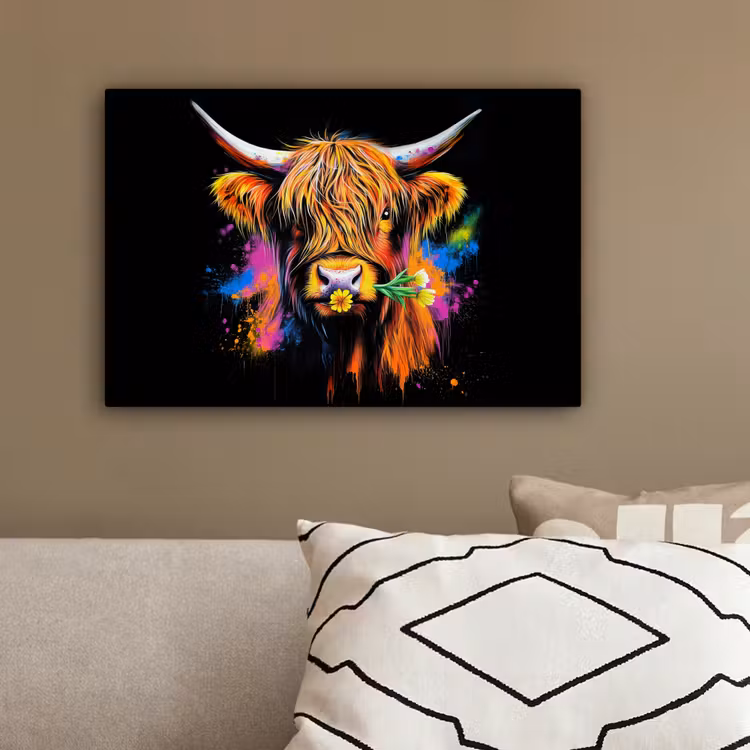 Schotse Hooglander - Graffiti - Kleurrijk - Bloem - Dieren canvas 2cm klein -sfeer3
