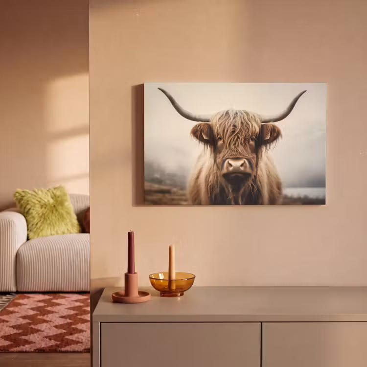 Schotse hooglander - Hoorns - Landschap canvas 2cm klein -sfeer1
