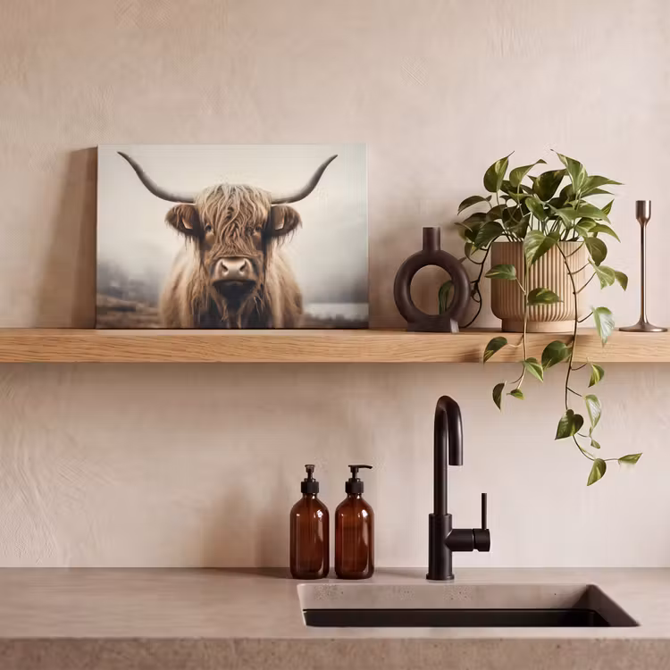 Schotse hooglander - Hoorns - Landschap canvas 2cm klein -sfeer3