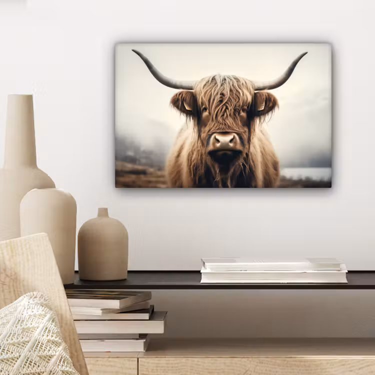 Schotse hooglander - Hoorns - Landschap canvas 2cm klein -sfeer6