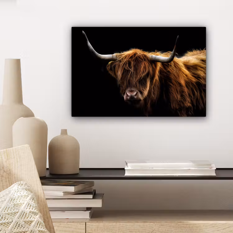 Schotse Hooglander - Horens - Zwart - Dieren - Natuur - Wild - Koe canvas 2cm klein -sfeer6