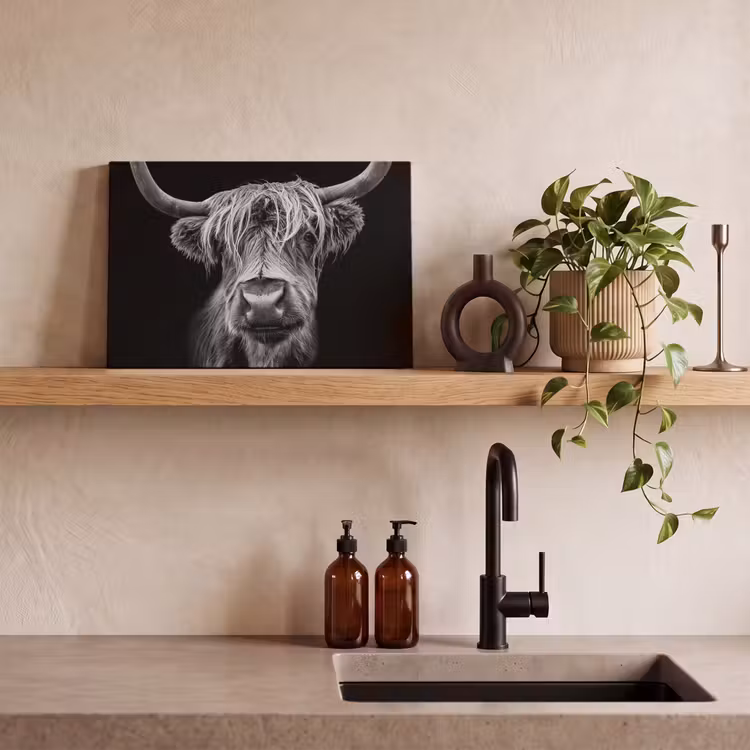 Schotse Hooglander - Horens - Zwart - Wit - Koe - Wild - Dieren canvas 2cm klein -sfeer3