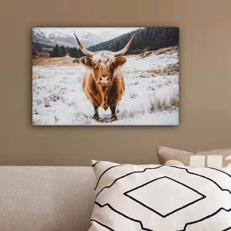 Schotse Hooglander - Landschap - Sneeuw - Bergen - Winter canvas 2cm klein -sfeer3