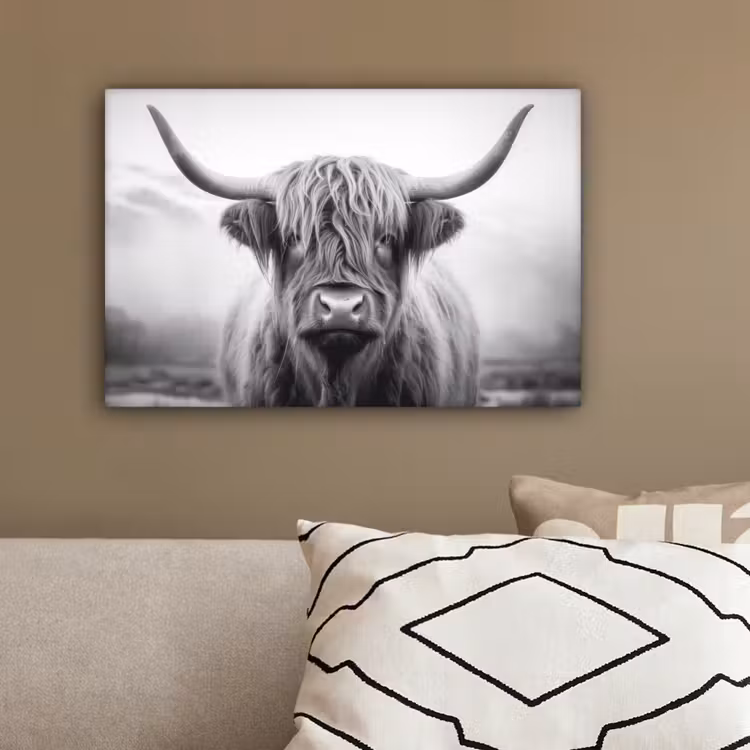 Schotse hooglander - Mist - Zwart - Wit canvas 2cm klein -sfeer3