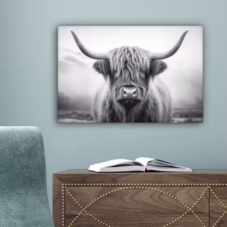 Schotse hooglander - Mist - Zwart - Wit canvas 2cm klein -sfeer4