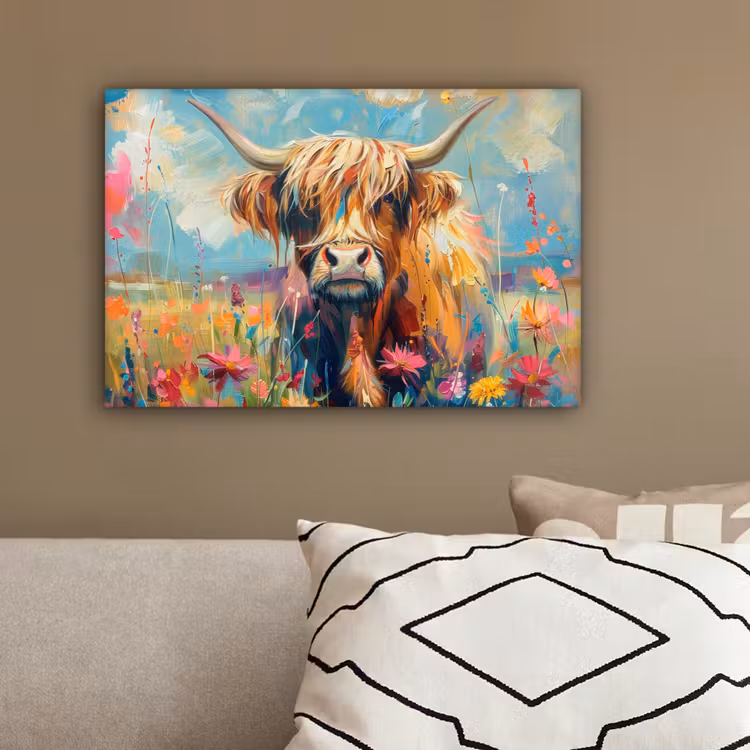 Schotse hooglander - Natuur - Kleurrijk - Bloemen canvas 2cm klein -sfeer3