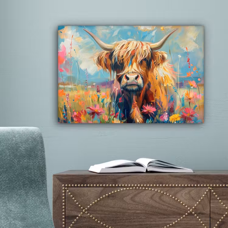Schotse hooglander - Natuur - Kleurrijk - Bloemen canvas 2cm klein -sfeer4