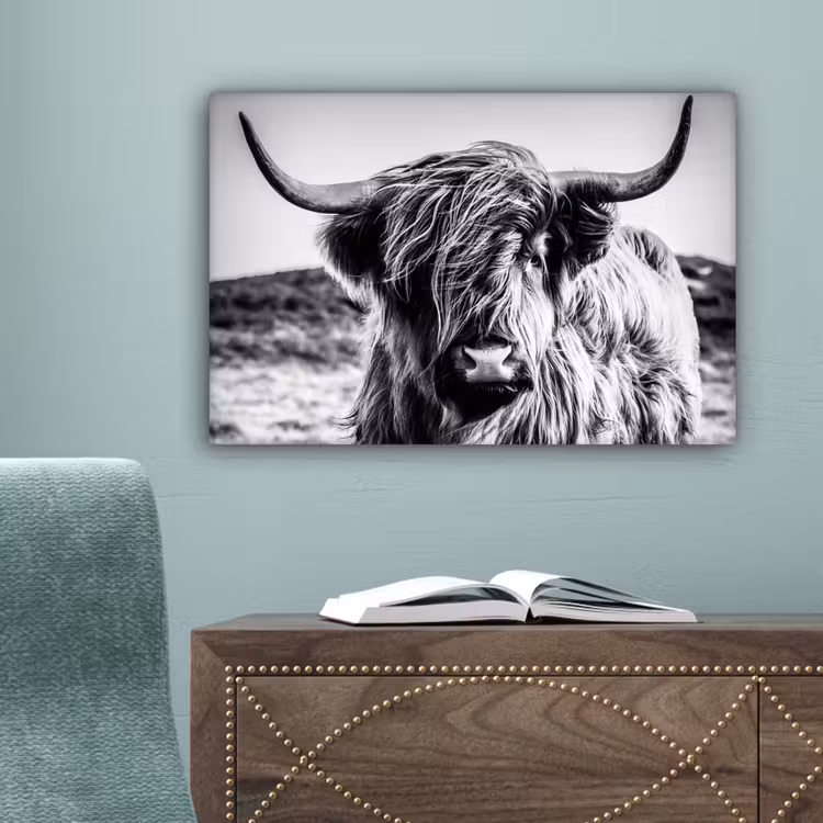 Schotse hooglander - Natuur - Koe - Zwart - Wit canvas 2cm klein -sfeer4