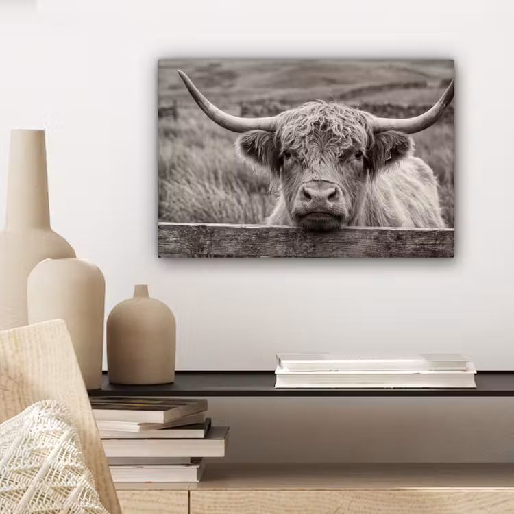 Schotse hooglander - Zwart - Wit - Hout canvas 2cm klein -sfeer6