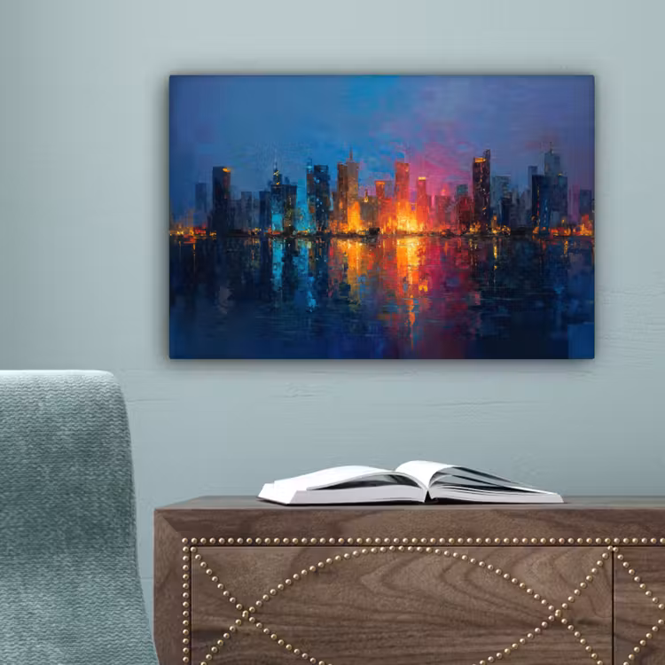 Skyline - Penseelstreken - Donkerblauw - Lichtgevend canvas 2cm klein -sfeer4