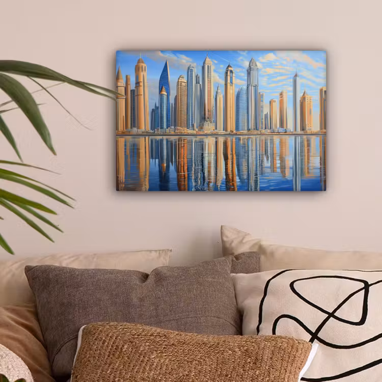 Skyline - Wolkenkrabbers - Water - Blauw canvas 2cm klein -sfeer1