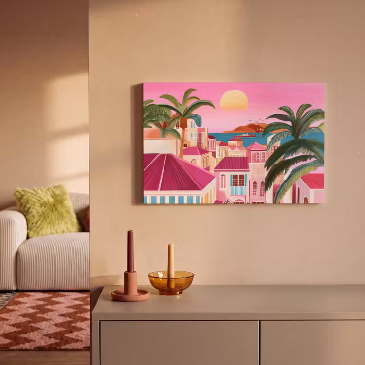 Stad - Roze - Palmbomen canvas 2cm klein -sfeer1