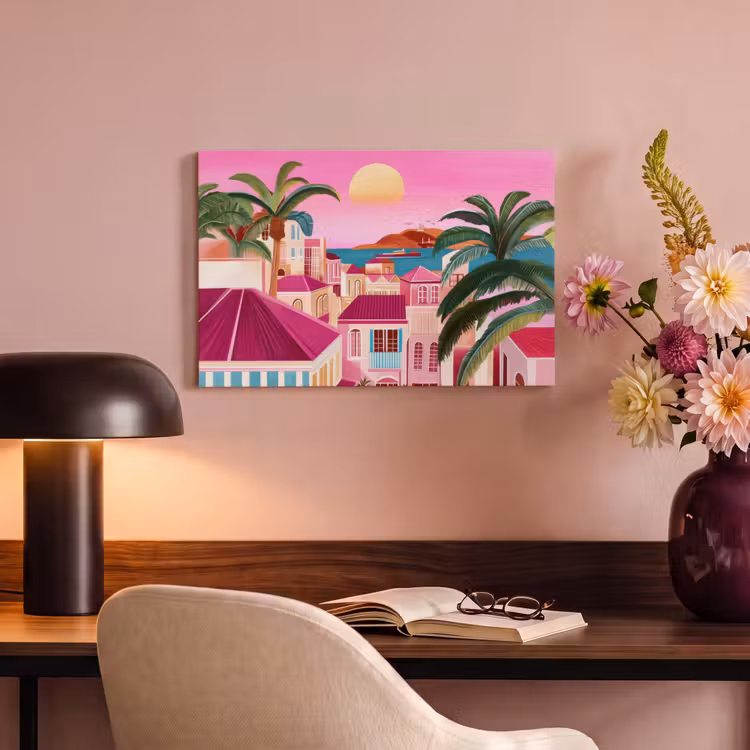 Stad - Roze - Palmbomen canvas 2cm klein -sfeer4