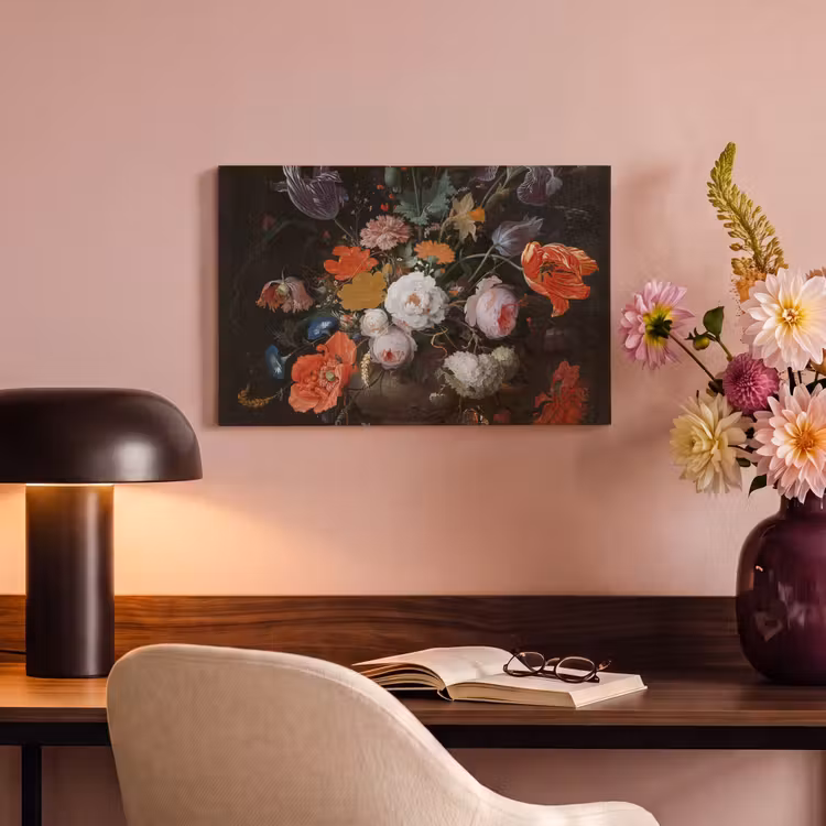 Stilleven met bloemen en een horloge - Schilderij van Abraham Mignon canvas 2cm klein -sfeer4