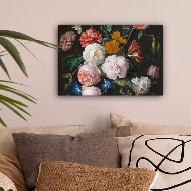 Stilleven met bloemen in een glazen vaas - Schilderij van Jan Davidsz. de Heem canvas 2cm klein -sfeer1