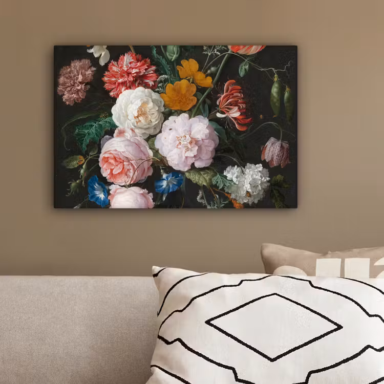 Stilleven met bloemen in een glazen vaas - Schilderij van Jan Davidsz. de Heem canvas 2cm klein -sfeer3