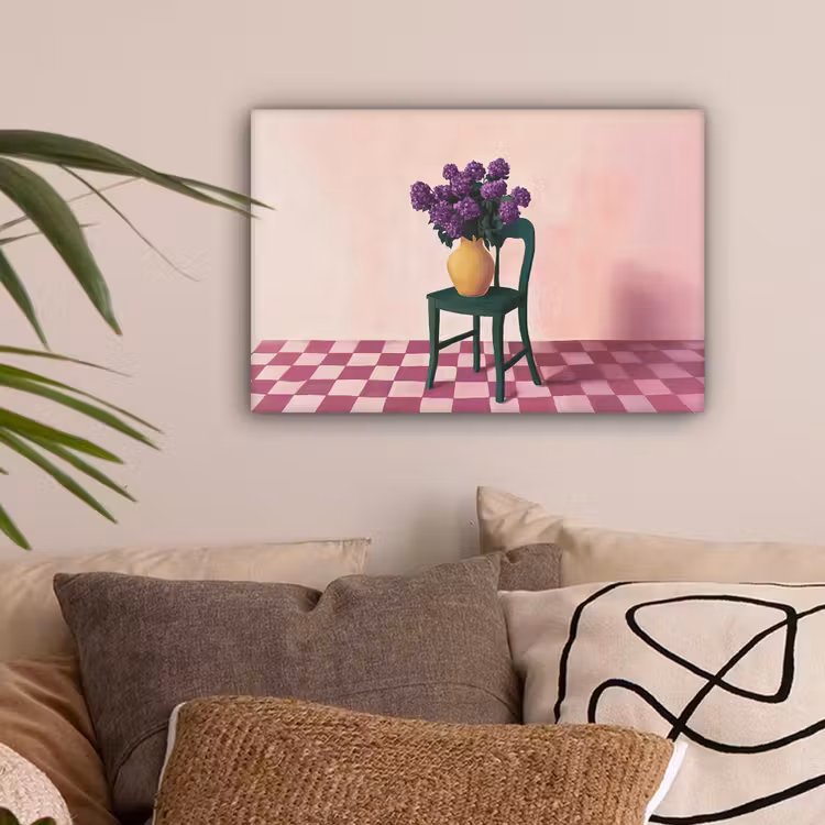 Stoel - Vaas - Bloemen - Geblokt canvas 2cm klein -sfeer1