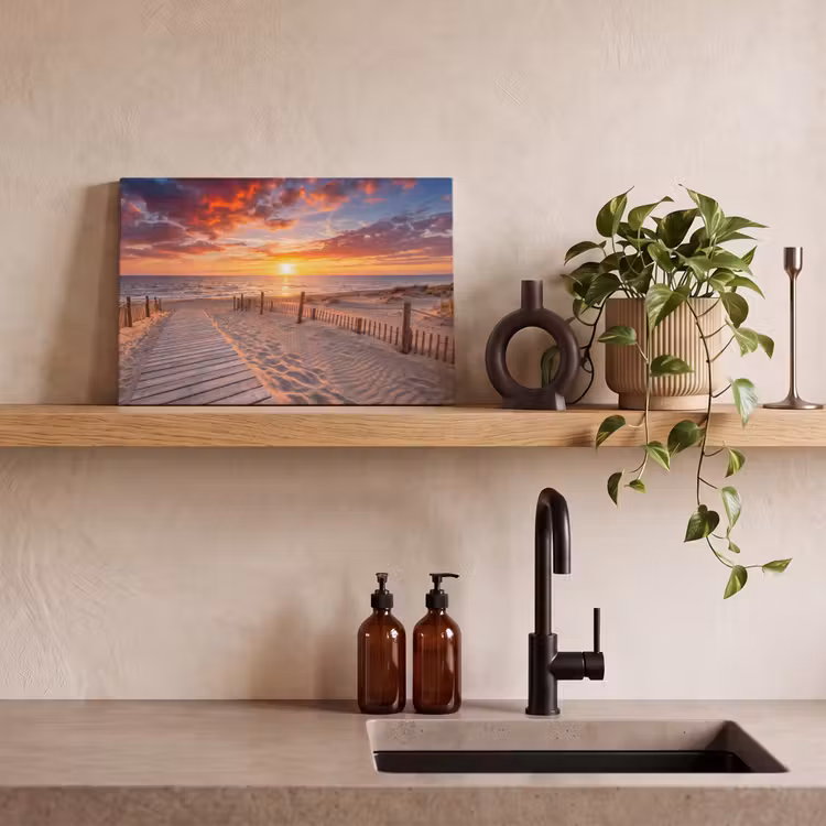 Strand - Zonsondergang - Zee - Natuur - Oranje canvas 2cm klein -sfeer3
