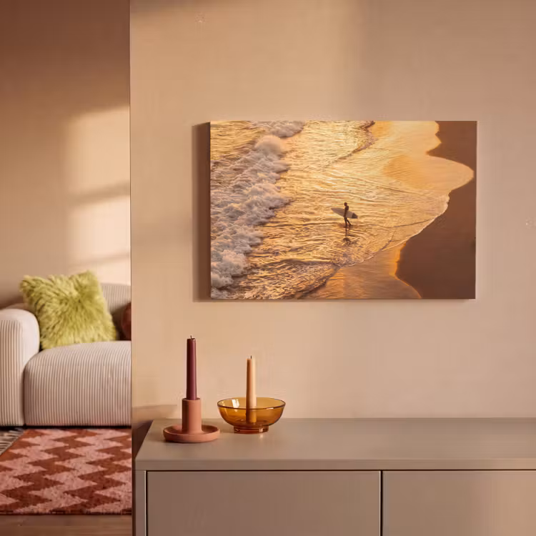 Surfer - Strand - Zonsondergang - Oceaan - Goud canvas 2cm klein -sfeer1