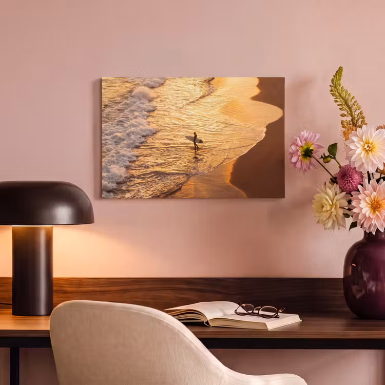 Surfer - Strand - Zonsondergang - Oceaan - Goud canvas 2cm klein -sfeer4