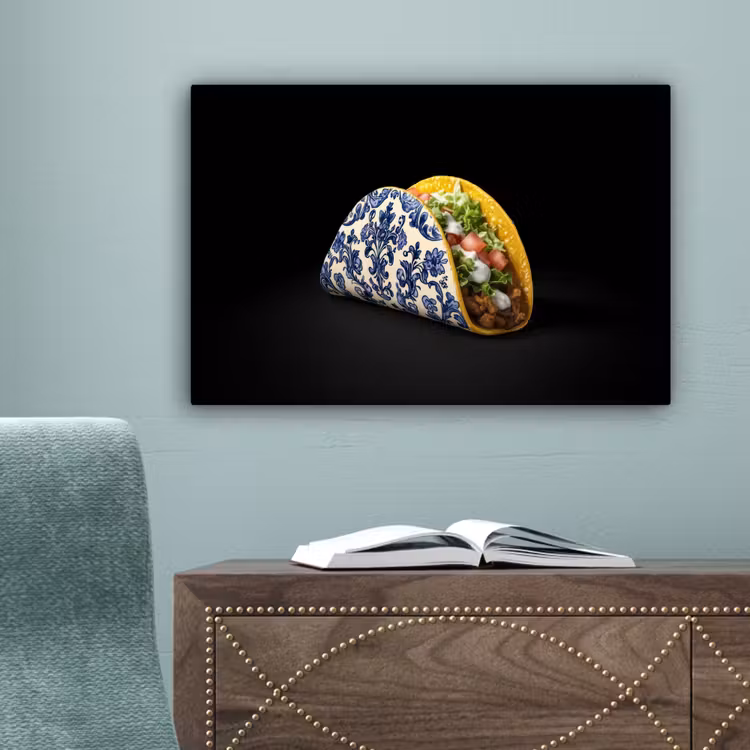 Taco - Vlees - Salade - Delftsblauw - Motief canvas 2cm klein -sfeer4