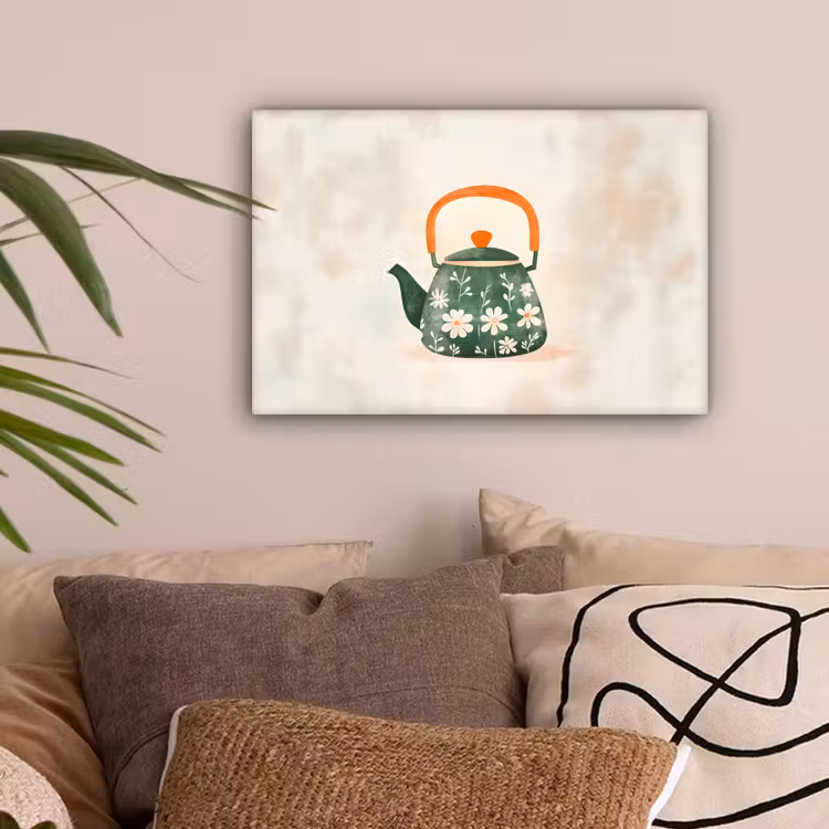 Theepot - Groen - Bloemen - Oranje canvas 2cm klein -sfeer1
