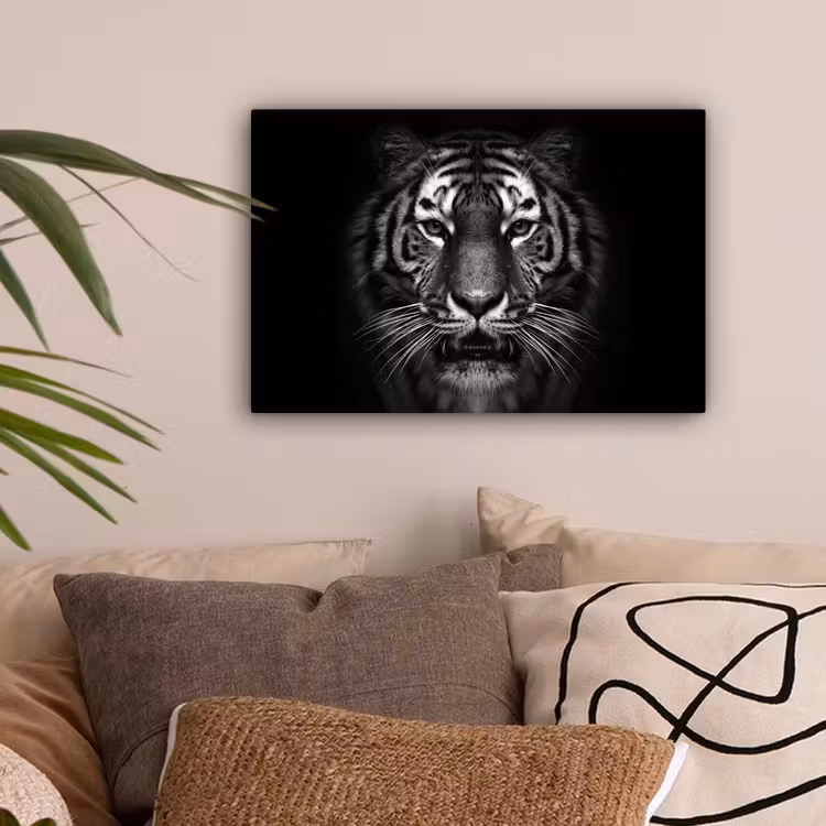 Tijger - Dieren - Zwart - Wit - Portret - Wild canvas 2cm klein -sfeer1