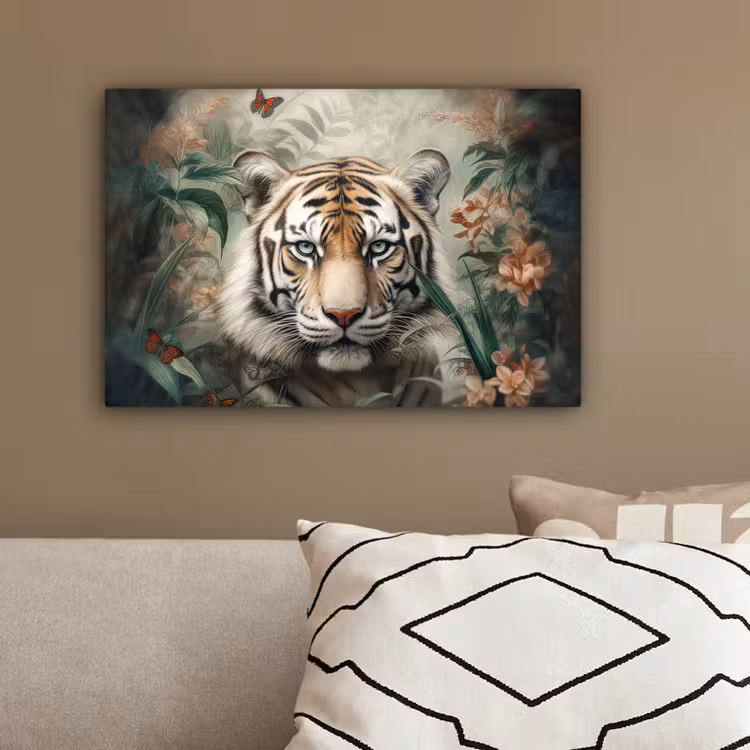 Tijger - Vlinders - Dieren - Jungle - Bloemen canvas 2cm klein -sfeer3