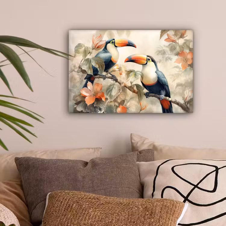 Toekan - Vogels - Bloemen - Tak canvas 2cm klein -sfeer1