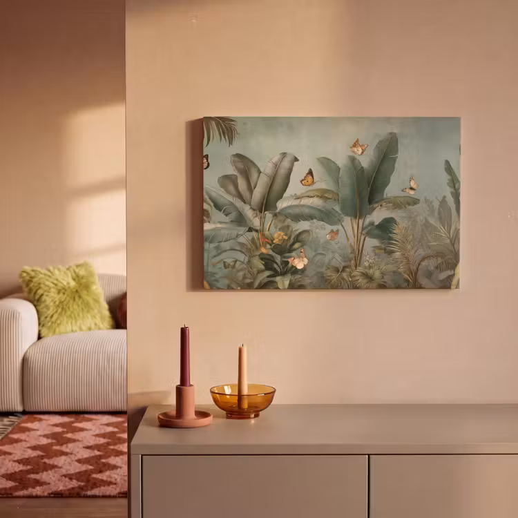 Tropisch bladerdek - Vlinders - groen - Bruin canvas 2cm klein -sfeer1