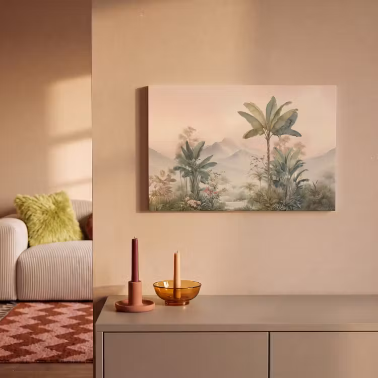 Tropisch landschap - palmbomen - Bloemen - Roze lucht canvas 2cm klein -sfeer1