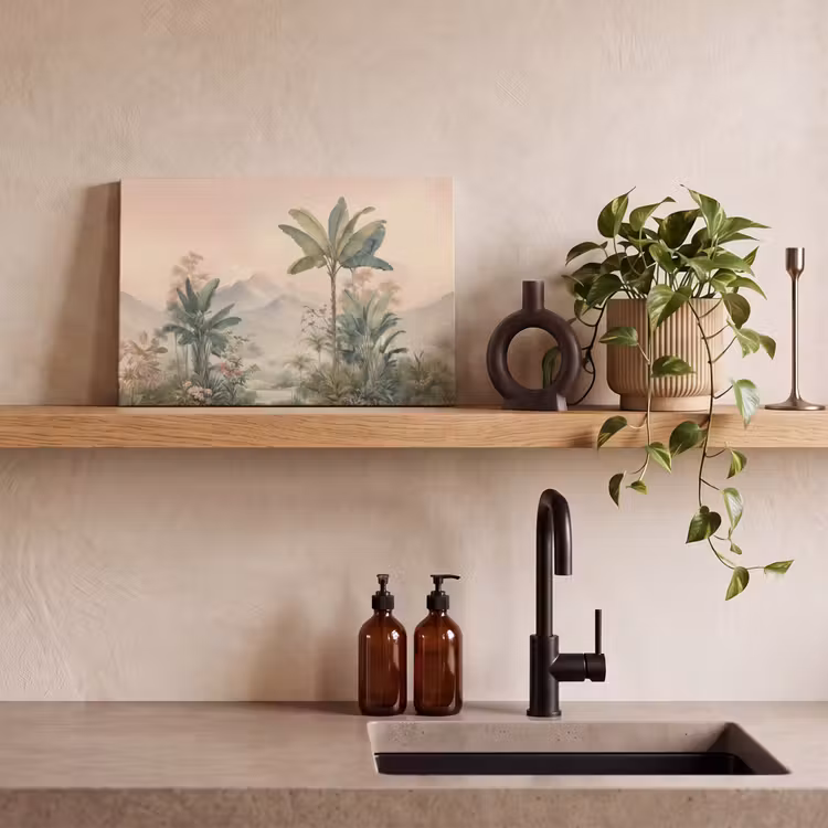 Tropisch landschap - palmbomen - Bloemen - Roze lucht canvas 2cm klein -sfeer3