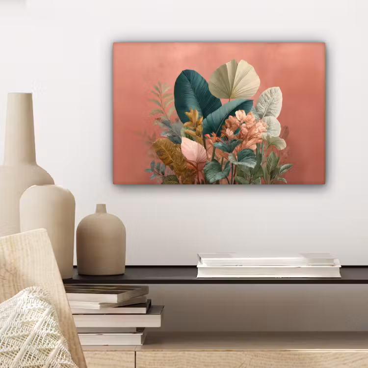 Tropische bladeren - Bloemen - Roze - groen canvas 2cm klein -sfeer6