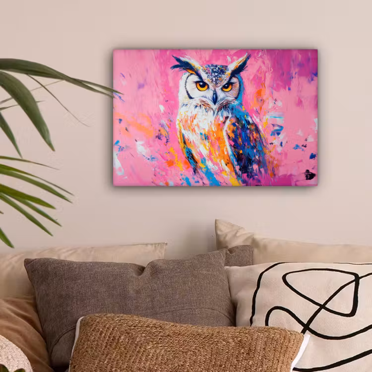 Uil - Roze - Blauw - Verf - Abstract canvas 2cm klein -sfeer1