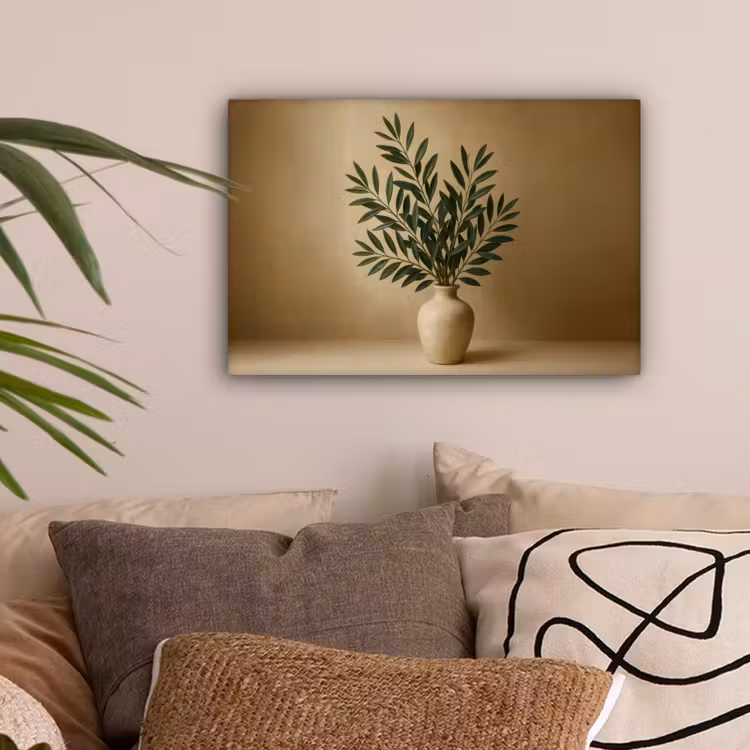 Vaas - Olijftakken - Bladeren - Beige canvas 2cm klein -sfeer1
