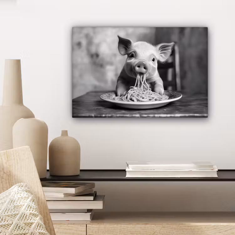 Varken - Schattig - Spaghetti - Zwart wit - Dier canvas 2cm klein -sfeer6