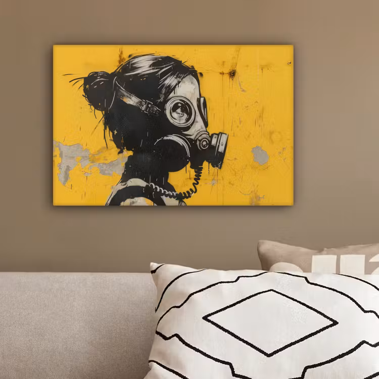 Vintage - Street art - Meisje - Masker - Geel - Banksy canvas 2cm klein -sfeer3