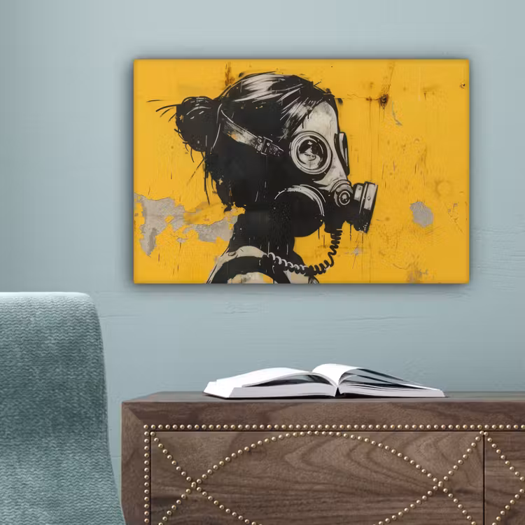 Vintage - Street art - Meisje - Masker - Geel - Banksy canvas 2cm klein -sfeer4