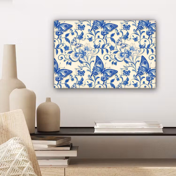 Vlinders - Bloemen - Blauw - Botanisch canvas 2cm klein 34 -sfeer6