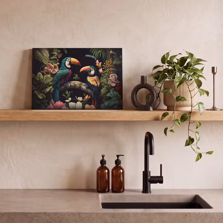 Vogel - Bloemen - Planten - Jungle - Zwart - Toekan canvas 2cm klein -sfeer3
