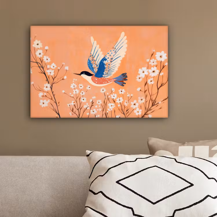 Vogel - Bloesemtakken - Warm - Kleurrijk canvas 2cm klein -sfeer3