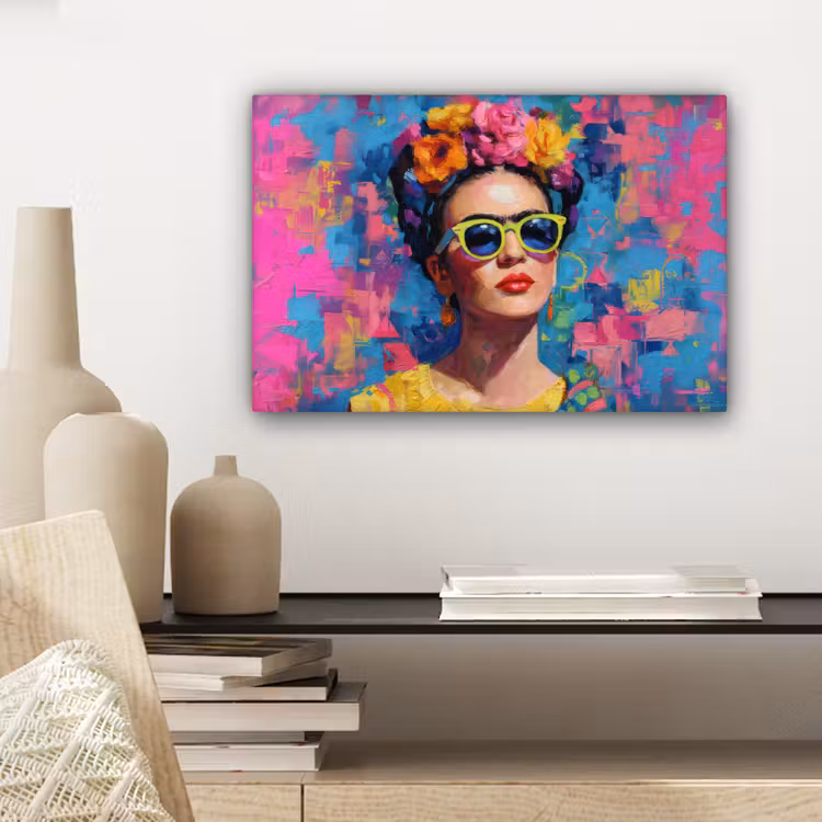 Vrolijk portret - Vrouw - Bloemenkroon canvas 2cm klein -sfeer6