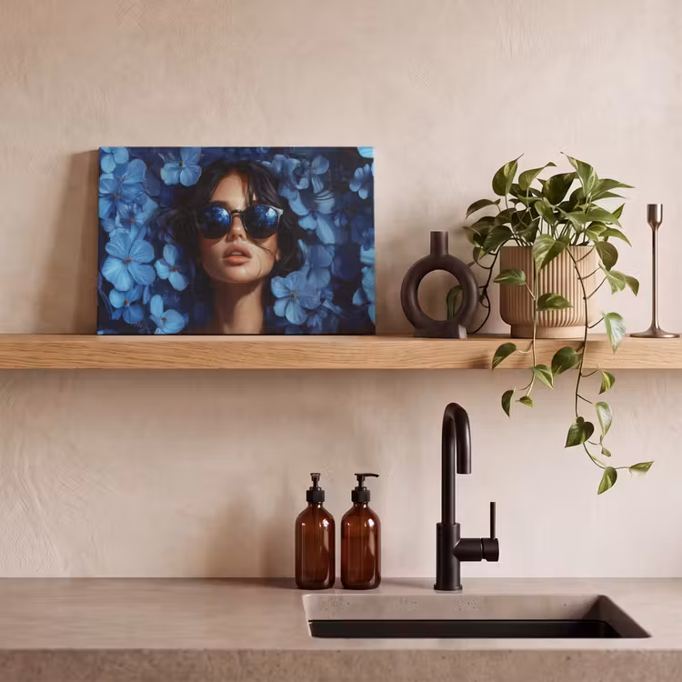 Vrouw - Blauw - Bloemen - Vlinders - Natuur canvas 2cm klein -sfeer3